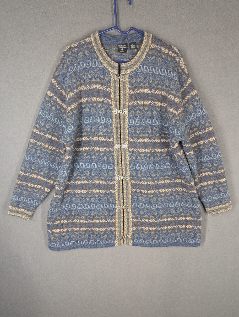 Nordic Design Cardigan Sweater Womens 1X Blue Fair Isle 100% Wool